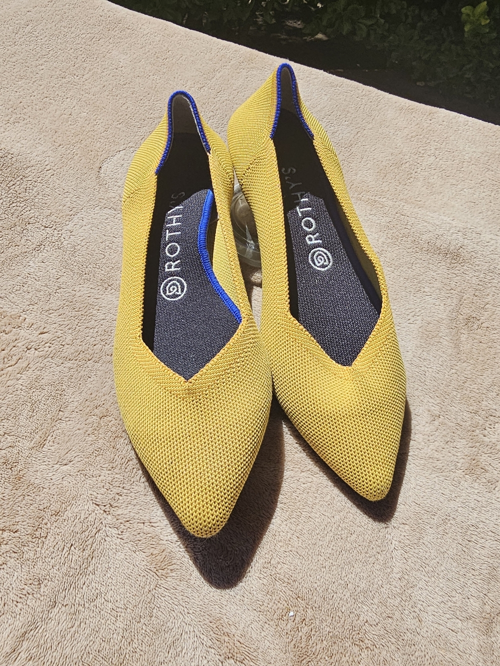 Rothy's Marigold Yellow Pointed Toe Knit Flats with Blue Trim.  8.5